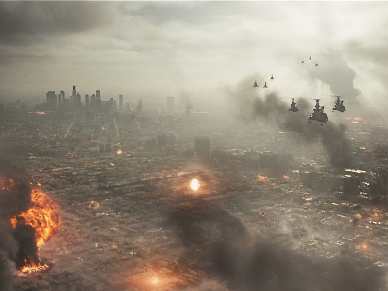 A scene with helicopters flying over a war-torn city from Jonathan Liebesman’s Battle: Los Angeles