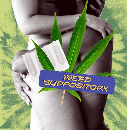 Naked man hugging a woman's bottom part of body, with Weed leaf & suppository covering the intimate ...