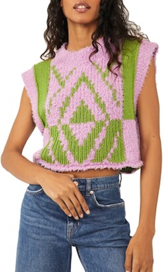 Free People diamond intarsia knit vest in pink and green