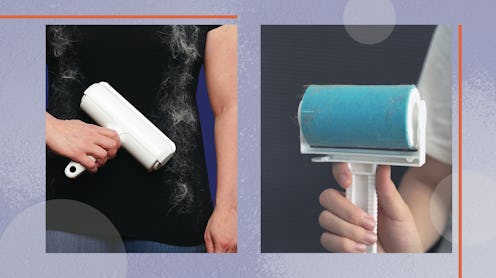 Two photos of hands holding up two of the best reusable lint rollers on Amazon.