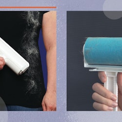 Two photos of hands holding up two of the best reusable lint rollers on Amazon.