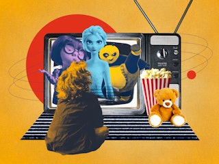 孩子们坐在电视机前观看有史以来最伟大的100部儿童电影。