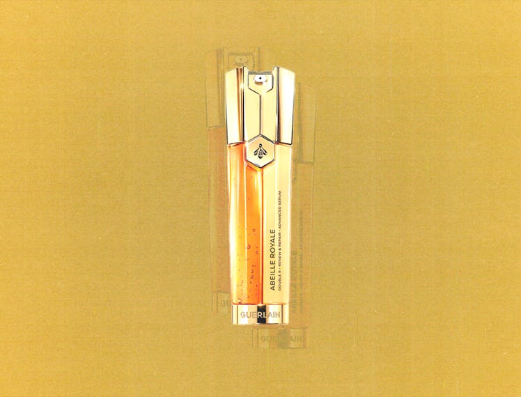 Product photo of Guerlain Abeille Royale Double R Renew & Repair Advanced Serum on a gold background...