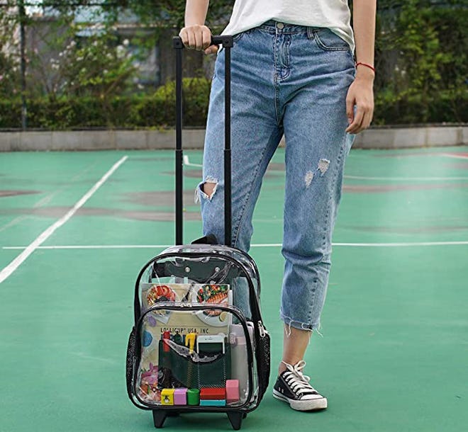 Designed with wheels, this COVAX option is the best clear rolling backpack.