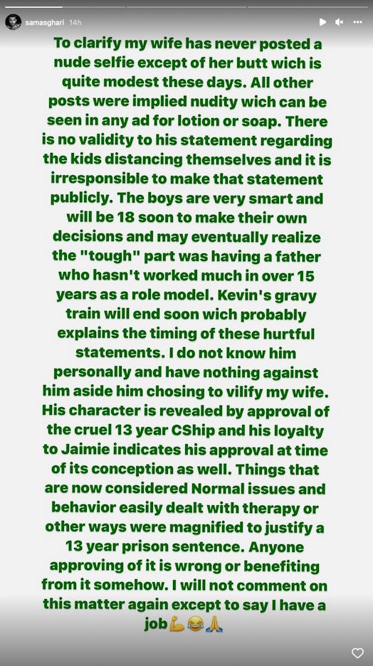 Sam Asghari responded to Kevin Federline's claims about his kids with Britney Spears. Screenshot via...