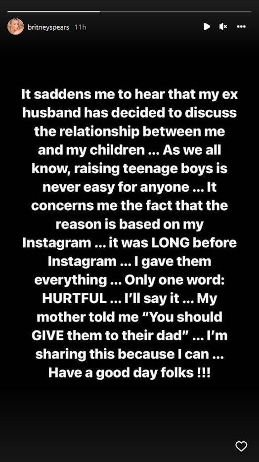 Britney Spears responded to Kevin Federline's claims about their kids. Screenshot via Instagram