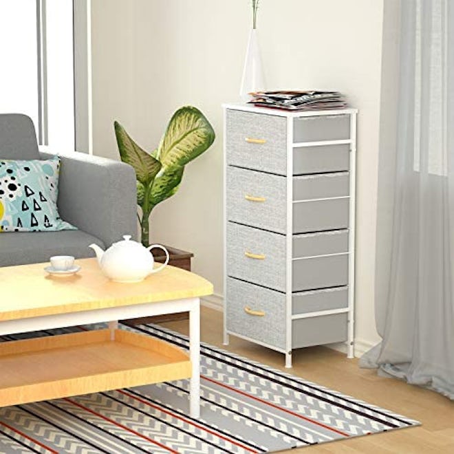 This budget-friendly dresser for small spaces features a steel frame and four fabric drawers. 
