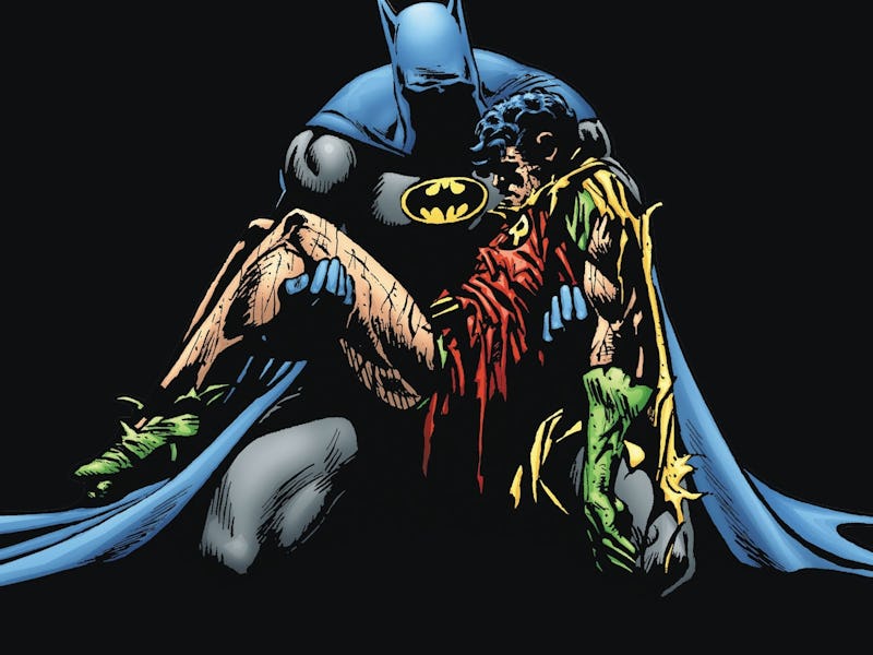 An illustration from 34 years ago with DC's darkest Batman holding Robin after his death