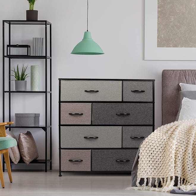 This steel-frame dresser for small spaces has eight fabric drawers in two sizes.