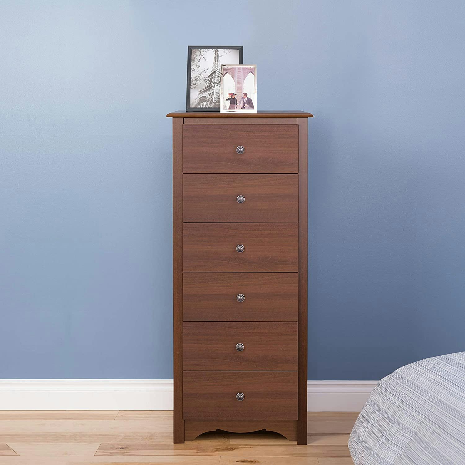 This tall, narrow dresser for small spaces has six drawers.