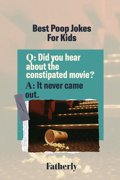 joke card with spilled popcorn, text "did you hear about the constipated movie?" "it never came out"...