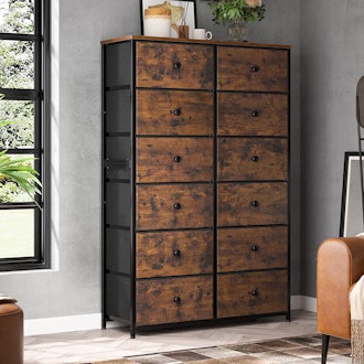 This tall dresser for small spaces has 12 drawers with a faux wood look.