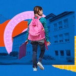 A kid with a new pink backpack walking towards the school building