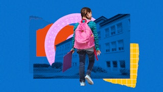 A kid with a new pink backpack walking towards the school building