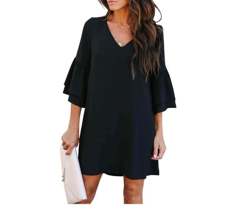 BELONGSCI V-Neck Bell Sleeve Shift Dress