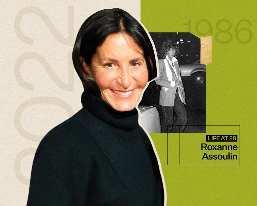Roxanne Assoulin in 1986 next to a picture of her in 2022 in a black turtleneck sweater