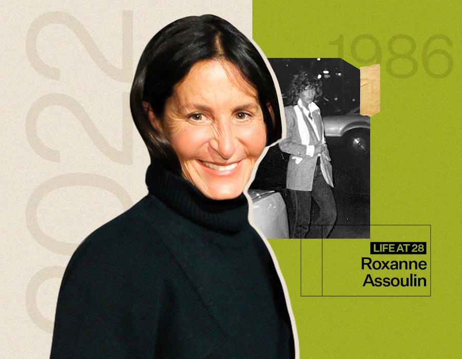 Roxanne Assoulin in 1986 next to a picture of her in 2022 in a black turtleneck sweater