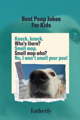 joke card with dog smelling camera picture, text reads "knock knock" "who's there" "smell mop" "smel...