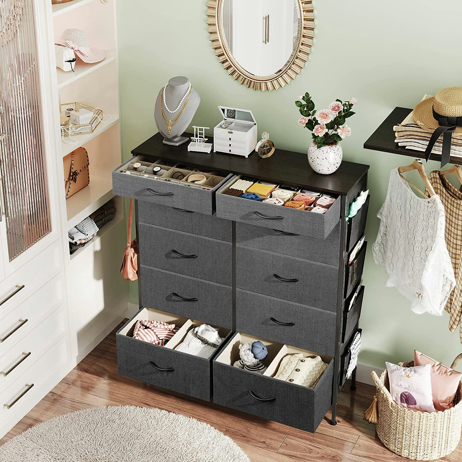 This dresser for small spaces comes with extra storage accessories to maximize organization.