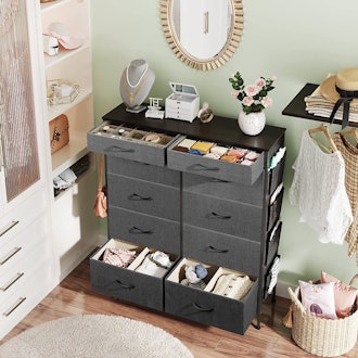 This dresser for small spaces comes with extra storage accessories to maximize organization.