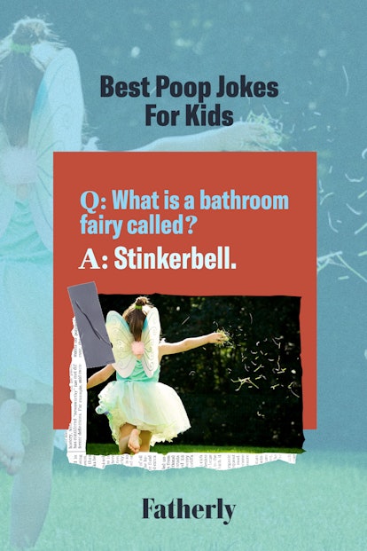joke card with person in fairy costume running, text reads "what is a bathroom fairy called?" "stink...