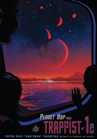 Illustration of two people peeking out a window an alien sea with planets visible in the sky.