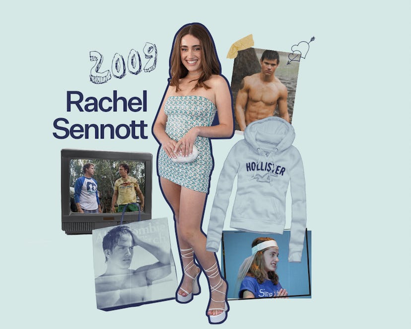 A collage photo with Rachel Sennott, her college hoodie, and posters with characters from 'Twilight....