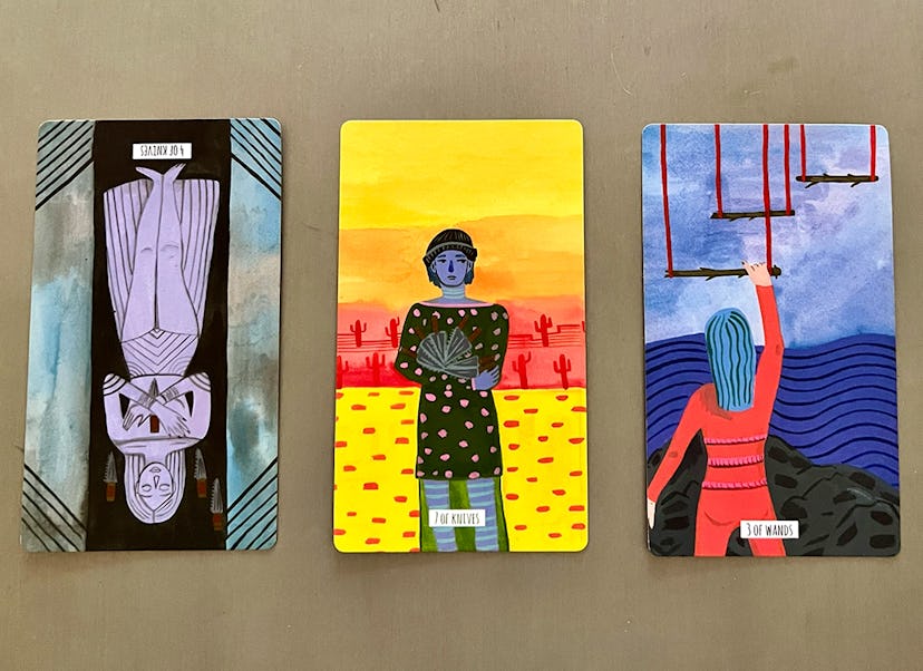 Tarot cards: Four of Knives reversed, Seven of Knives, Three of Wands