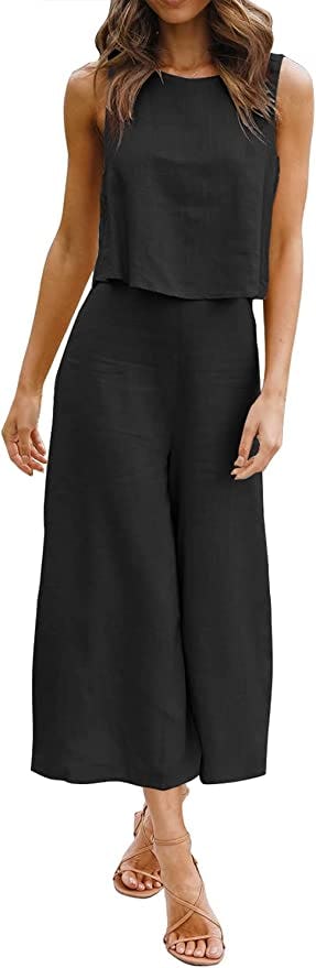ROYLAMP 2 Piece Outfit With Round Neck Crop &amp; Cropped Wide Leg Pants
