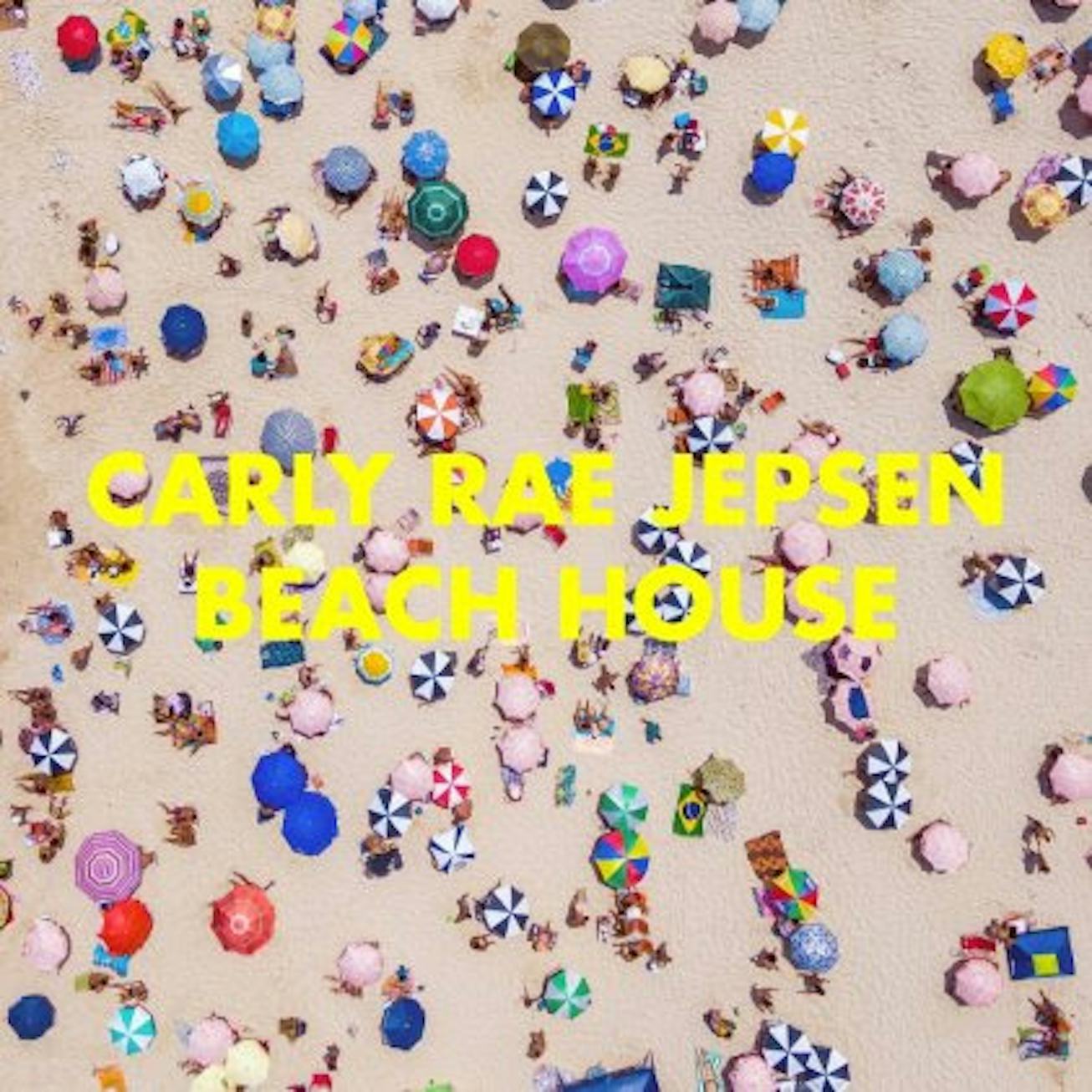 Beach full of different colored umbrellas and people covered by yellow letters saying Carly Rae Jeps...