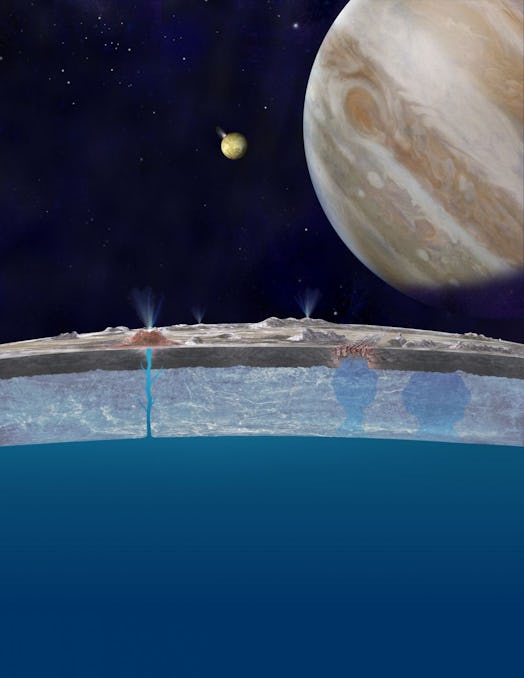 Artist’s illustration of the interaction between Europa’s interior ocean and its outer ice shell (fo...
