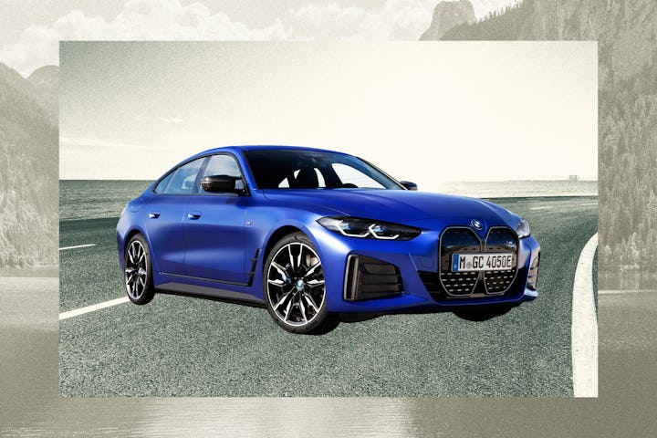 A collage of a blue BMW i4 eDrive Gran Coupe on a street
