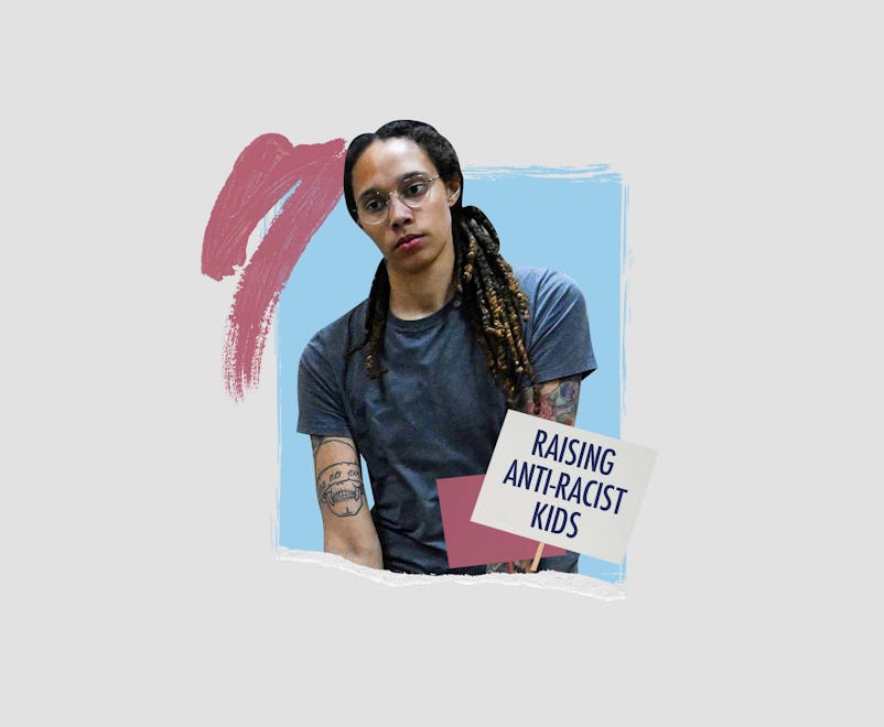Brittney Griner with raising anti-racist kids logo in front of her