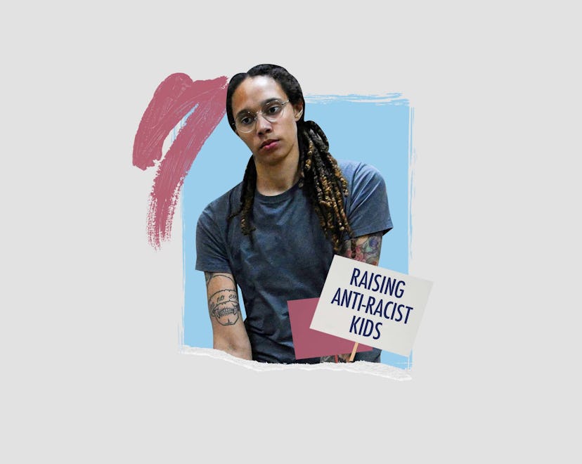 Brittney Griner with raising anti-racist kids logo in front of her