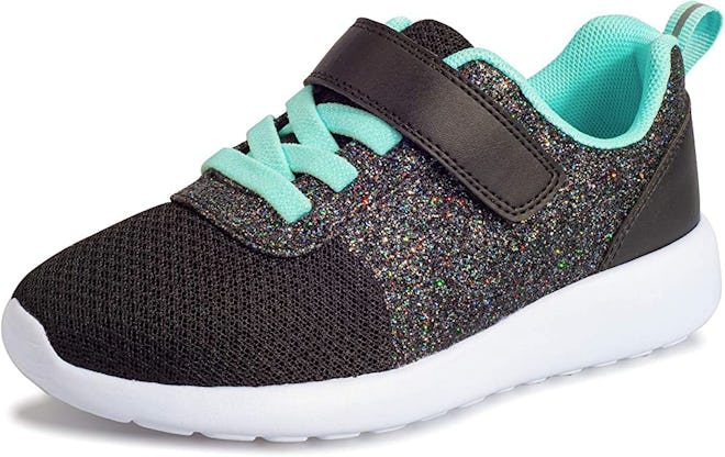 Durable kids sneakers can still be cute, as evidenced by these black and blue glitter shoes.