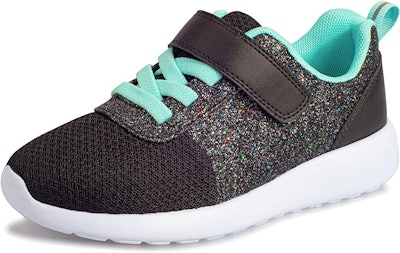 Durable kids sneakers can still be cute, as evidenced by these black and blue glitter shoes.