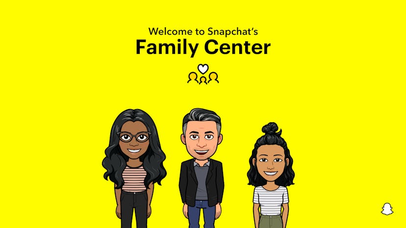 Three bitmojis with the text 'Welcome to the Family Center' on Snapchat, a new feature that allows g...