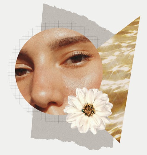 A collage with a woman's face after undereye filler procedure