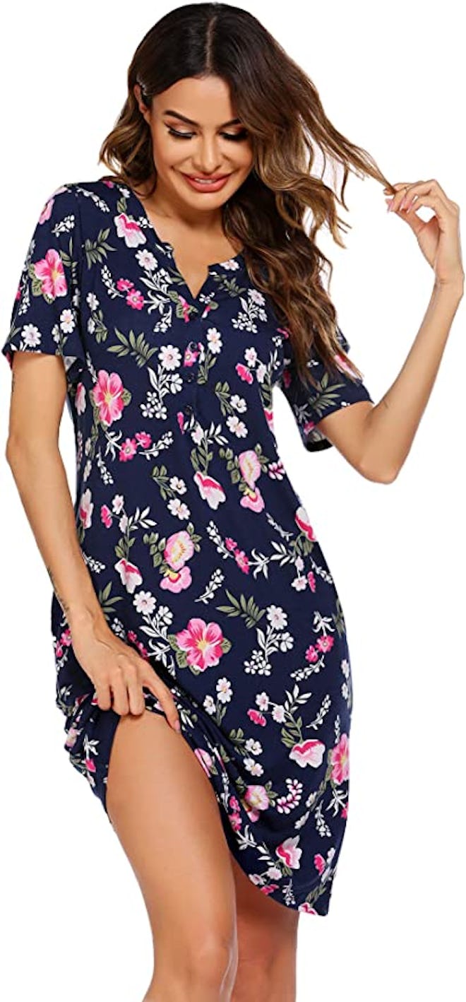 The Ekouaer Short-Sleeved Nursing Nightgown in Navy Blue Floral is one option for nursing PJs from A...