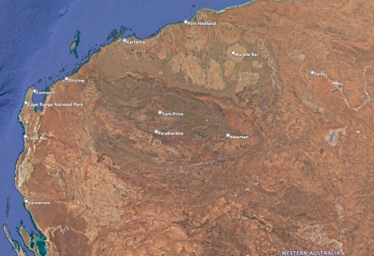 This 700-kilometer-wide photo shows the site of the Pilbara Craton in Western Australia. The top-dow...