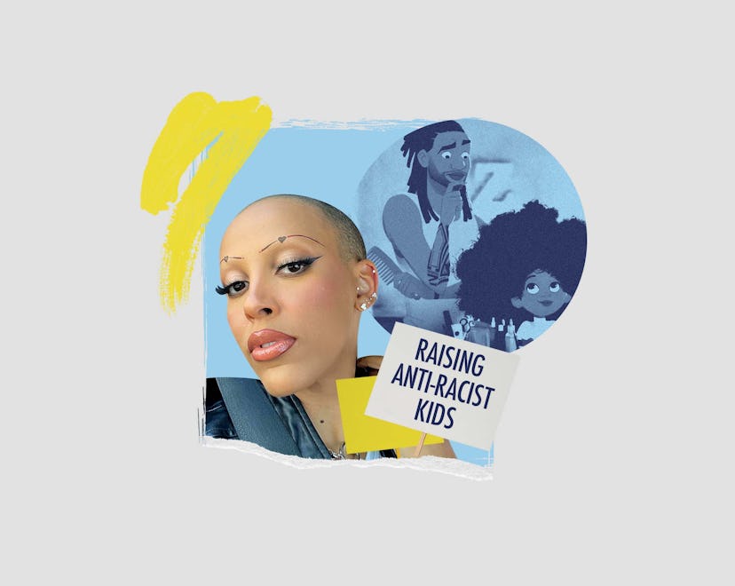 Doja Cat with a shaved head and "raising anti-racist kids" next to her