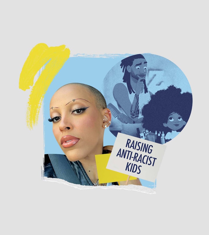 Doja Cat with a shaved head and "raising anti-racist kids" next to her 