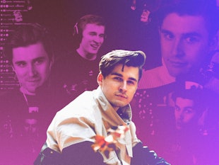 Super-streamer Ludwig Ahgren sitting in a beige hoodie with a background collage with his portraits