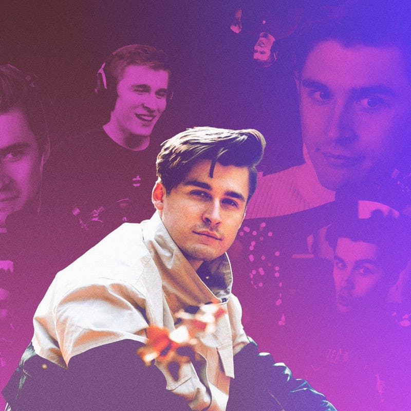 Super-streamer Ludwig Ahgren sitting in a beige hoodie with a background collage with his portraits