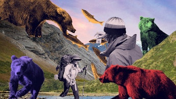 An abstract collage of a man taking a photo, bears and a fish in a mountain