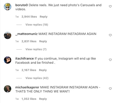 Comments under one of Mosseri’s most recent Instagram posts.
