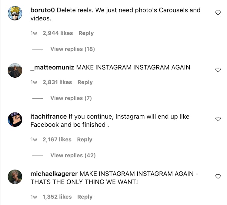 Comments under one of Mosseri’s most recent Instagram posts.