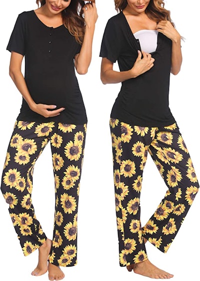 These Ekouaer Sunflower Printed Nursing Pajamas are some of the best nursing PJs from Amazon under $...