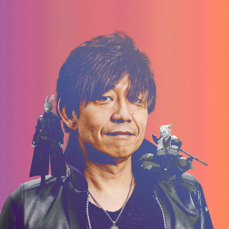 A portrait of Naoki Yoshida with Alphinaud & Alisaie Leveilleur from Final Fantasy on his shoulders