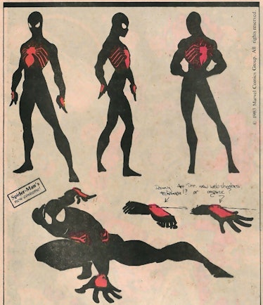 Schueller’s original design for Spider-Man’s black suit.